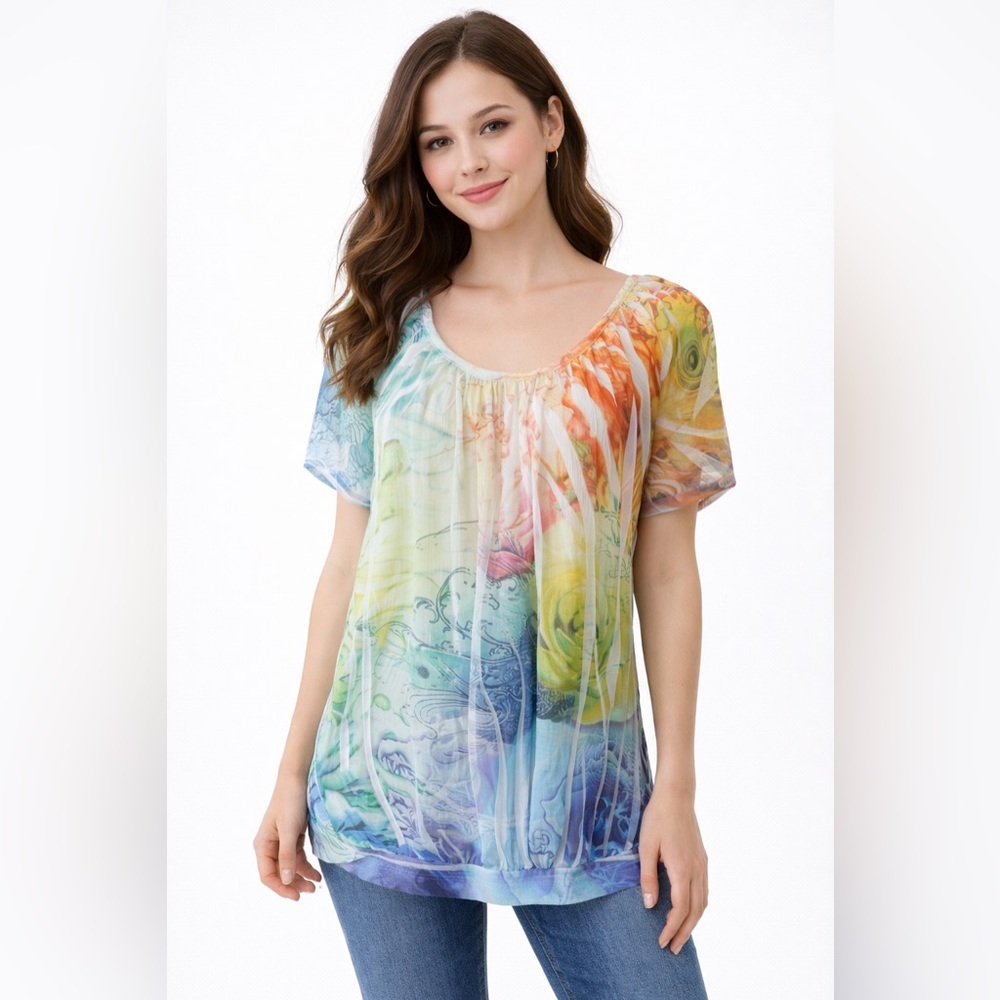 FANG Y2K Blouse Women’s  Multicolor Sheer‎ Pleated Scoop Neck  W/Elastic Waist L